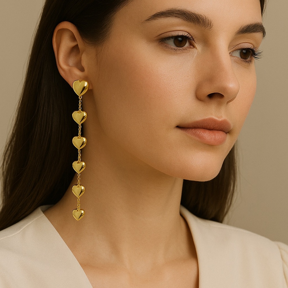 Gold Cascading Heart Drop Earrings – Dainty Statement Chain Style